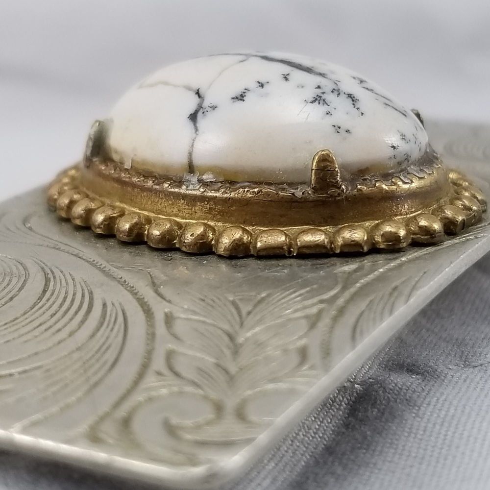 White Buffalo Vintage Belt Buckle Nickel Silver Filigree Western Cabochon - Picture 6 of 9